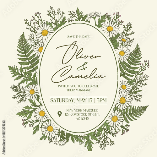 Vintage Style Wedding Invitation with Oval Frame Surrounded by White Daisies and Wild Fern Greenery Botanical Illustration Vector