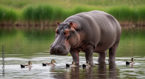 A large hippopotamus stands in a body of water with several ducks swimming around it in a natural