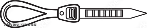Black and white line drawing of a reusable plastic cable tie for fastening objects