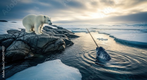 A polar bear stands on icy rocks by the water's edge, gazing out at a fishing line with a cloudy