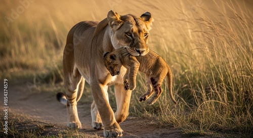 A lioness walks with a cub in her mouth through tall grass on a dirt path in savannah.