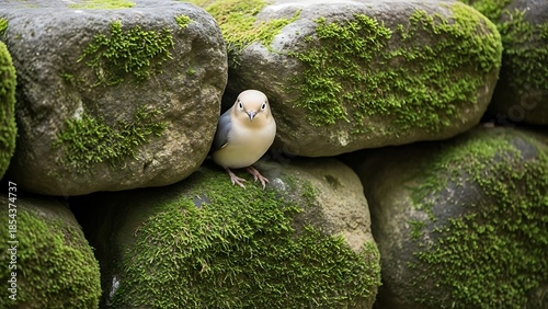 Small bird perched on a mossy stone wall looking at the camera.