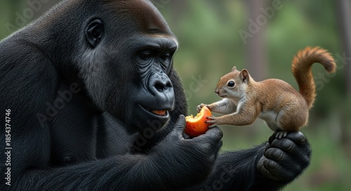 A gorilla gently offers a piece of fruit to a curious squirrel in a forest setting with shallow