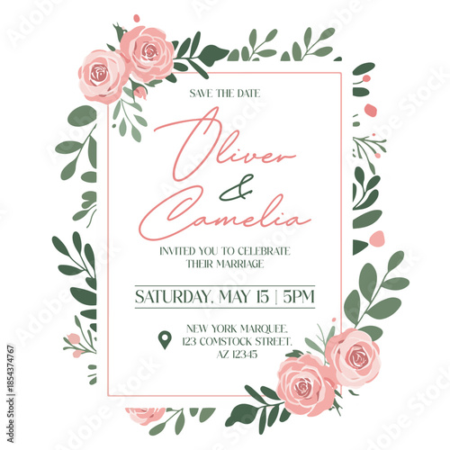 Elegant Save the Date Wedding Invitation Template with Soft Pink Roses and Green Leafy Wreath Floral Frame Vector