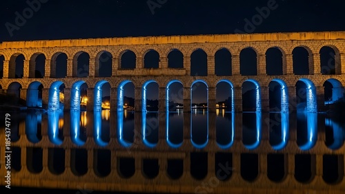 Historic Arched Bridge Illuminated at Night with Vibrant Blue Reflections in Water.