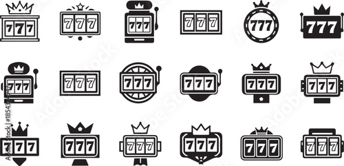 Set of various slot machine icons displaying the lucky number 777 for jackpot wins