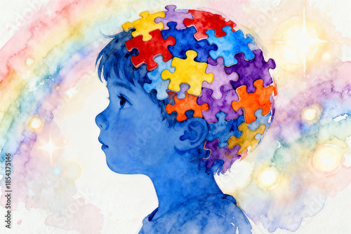 Watercolor illustration of a child's profile with puzzle pieces forming a brain, symbolizing neurodiversity, autism awareness, and mental health.