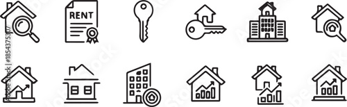 A collection of real estate and housing icons in outline style for property management concepts