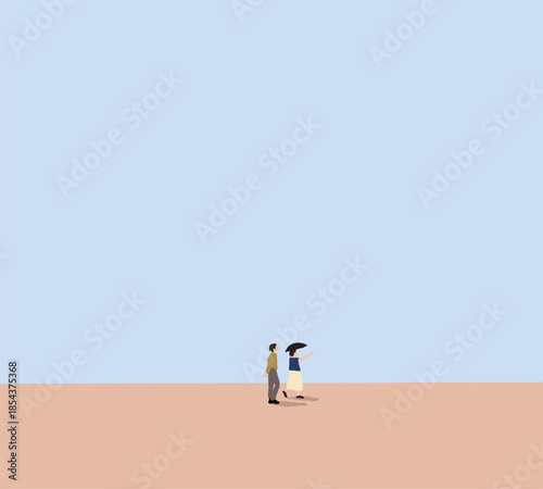 Woman with umbrella walking on modern city street with boyfriend. Romantic dating on holiday vacation.