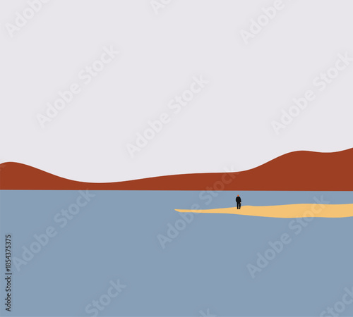 Man in black cloth standing on sand beach with landscape mountain. Travel destination holiday vacation.