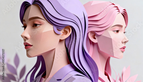 Two women’s profile portraits in stylized paper art/3D illustration, geometric forms with soft curves, pastel colors (violet, pink), elegant, modern aesthetic, suitable for decorative/creative design.