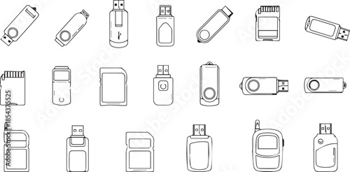 Collection of outline drawings showing various data storage devices and usb drives