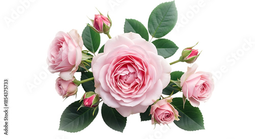 Cluster of light pink roses and buds with green leaves on a black background rose buds flowers isolated on a transparent background