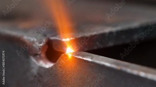 A close-up shot of a bright orange flame cutting through a dark metal surface in an industrial setting.