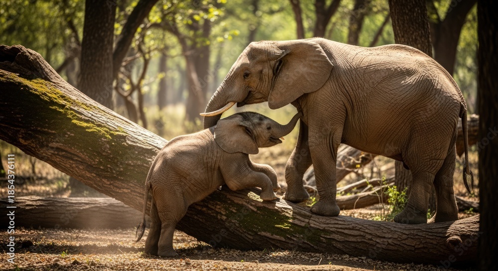 Naklejka premium A large elephant gently interacts with a smaller elephant playing on a fallen tree trunk in a