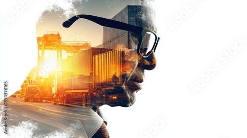 Double exposure photography of engineer man and the business Logistics and transportation of Container Cargo ship and Cargo plane with working crane bridge
