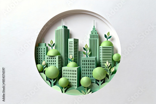 Stylized paper art of a green eco city with modern buildings and lush greenery, showcasing sustainable urban design and nature integration.