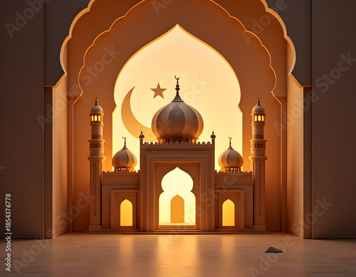 Origami mosque with eid mubarak concept.