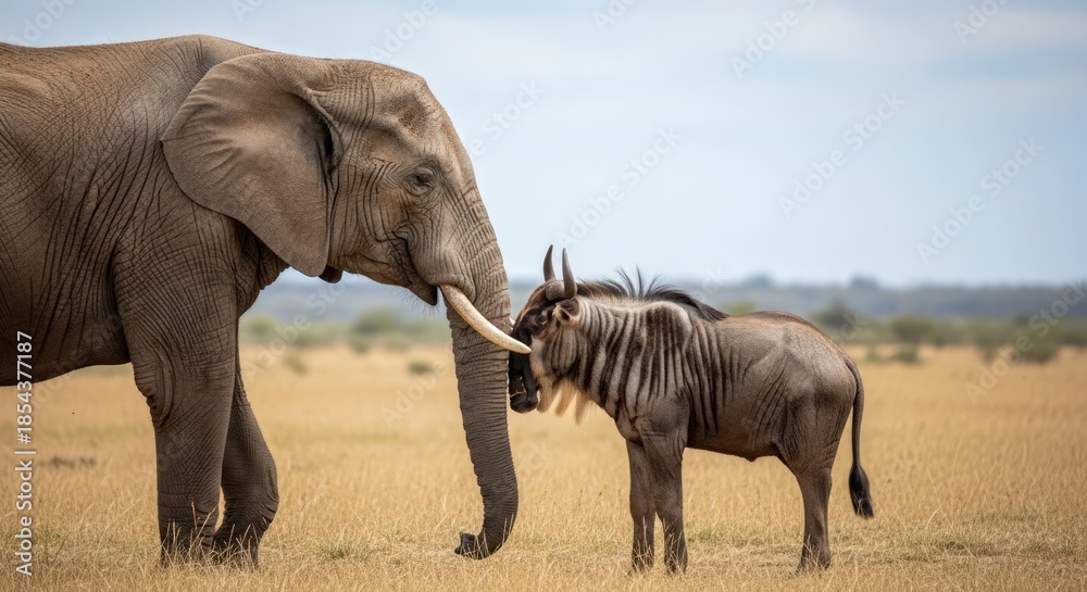 Fototapeta premium An elephant and a zebra interacting in a savannah with dry grass under a cloudy sky.
