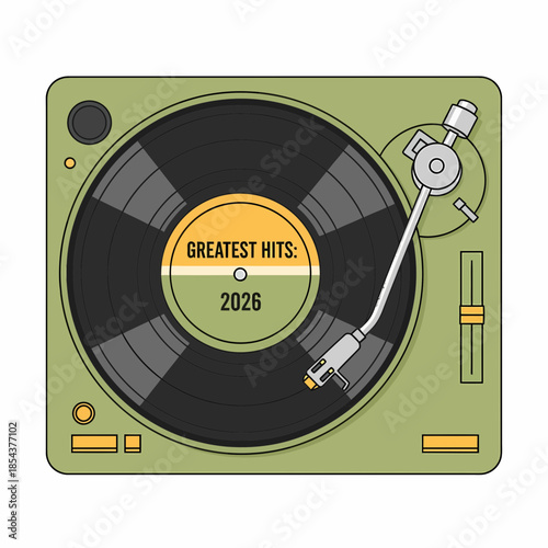 Vintage record player with GREATEST HITS 2026 vinyl on turntable