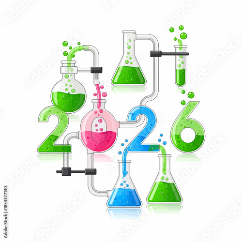 Colorful laboratory equipment with bubbling beakers and test tubes