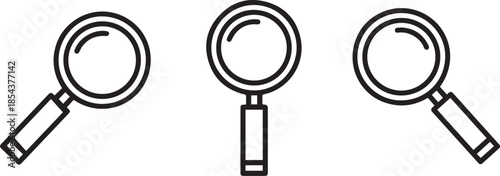 A black and white line art illustration of three magnifying glasses for searching