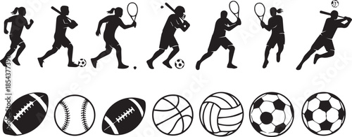 Dynamic silhouettes representing different sports activities and equipment icons