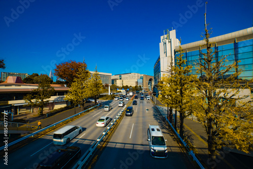 A cityscape of traffic jam at the yellow gingko street in the city wide shot