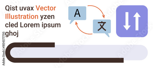 Language learning, translation tools, technology, education, communication, linguistic content. Two speech bubbles with arrows and a translation icon. Language learning and translation tools concept