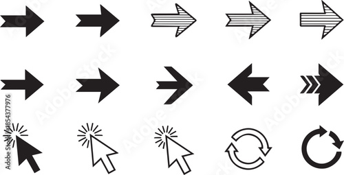 Collection of black arrows, mouse cursors, and refresh icons for web design elements