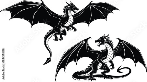 Black dragon silhouette vector, flying and standing pose, fantasy creature illustration, mythical beast, powerful wings, sharp claws, detailed design, epic art
