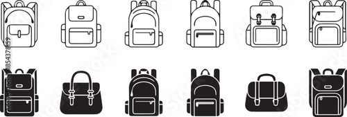 Collection of various backpack and bag icons in line art and solid silhouette style for design purposes