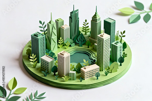 A detailed paper craft model of a green eco city with skyscrapers, buildings, and lush greenery, showcasing sustainable urban design through paper art.