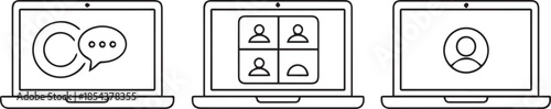 Conceptual illustration of different virtual communication methods and online meetings via laptops