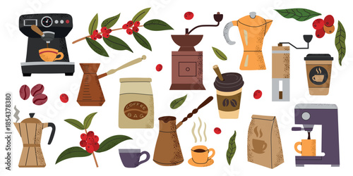 Large Coffee elements Set Collection icon clipart logotype isolated illustration