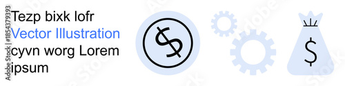 Business development, process improvement, financial services, e-commerce operations, wealth management, economic planning. Dollar sign and gear icons alongside a money bag. Financial services