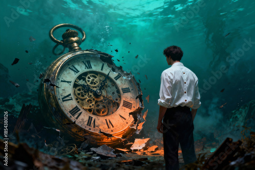 A man in a white shirt stands underwater, facing a large, broken pocketwatch partially submerged. The scene is surreal, with mechanical debris and water creating a dreamlike, mysterious atmosphere.