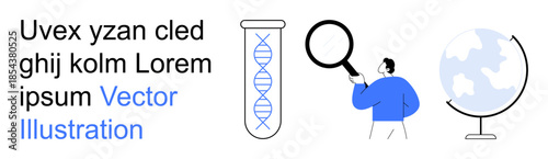 Science, research, global studies, education, biotechnology, discovery. DNA helix in a test tube, person with magnifying glass globe illustration. Science and research concepts