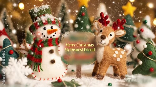 felt style snowman and reindeer wobble side to side holding a hand painted sign that reads merry christmas for my dearest friend with stitched snowfall
