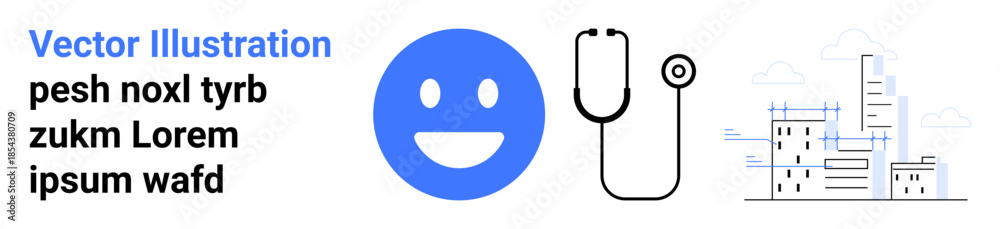 Fototapeta premium Healthcare, medicine, telemedicine, urban development, technology, digital communication. Blue happy face, stethoscope and futuristic city sketch. Healthcare and medicine concepts