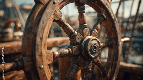 Close up of a ship steering wheel made of aged wood and metal, classic nautical helm on a boat deck symbolizing navigation, maritime adventure, and seafaring heritage.