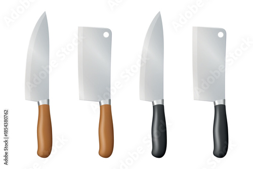 Vector 3d Chef Knife Icon Set, Top View. Stainless Steel Kitchen Knife, Isolated. Kitchen Knife with Black and Wooden Handle. Chef Knife Clipart, Design Template