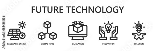 Future Technology Outline Web Banner Icon Vector Illustration for Emerging Innovation and Simulation Technology Concept with Renewable Energy, Digital Twin, Simulation, Innovation, Solution Icons.