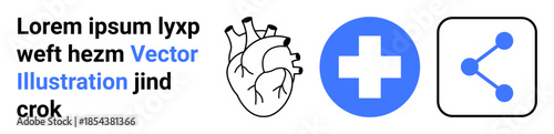 Healthcare, medicine, communication, cardiology, information sharing, support services. Anatomical heart, blue medical cross share icon in a clean layout. Healthcare and communication