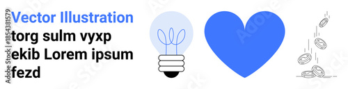 Innovation creativity finance love charity saving economy. A lightbulb heart shape and falling coins. Innovation and finance concept. Line metaphor. Simple line icons