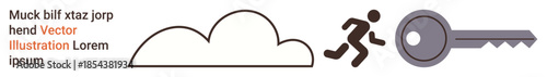 Cloud storage, data access, cybersecurity, authentication, unlocking systems, secure login. A person icon running towards a key next to a cloud. Cloud storage and data access concept