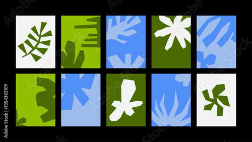 Abstract vector background with cutout botanical elements, leaves and plants. Textured playful composition for banners, posters, packaging and branding.