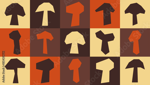 Seamless cut out mushroom pattern with whimsical fungi shapes. Naive botanical collage in retro style for packaging, posters and creative branding.