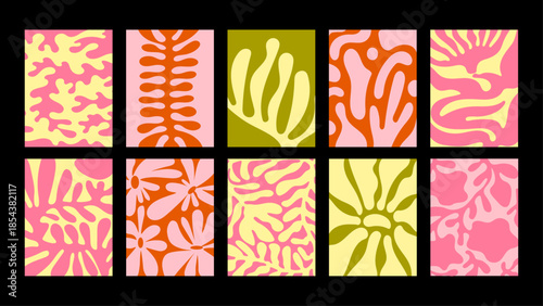 Set of abstract botanical backgrounds with flowing curves and organic shapes. Colorful contemporary textures for cards, banners, prints and creative branding.