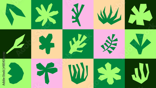 Seamless cut out botanical pattern with hand drawn plants and leaves. Whimsical collage grid, naive natural style for packaging, prints and branding.